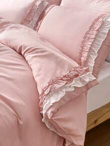 三件套纯棉被套，粉白双色双层荷叶边设计（1个被套+2个枕套，不含被芯），田园农舍风、法式浪漫风，面料透气轻盈，可机洗，卧室及房间装饰，理想礼品，精致寝具。 - 彩色 - 查看 5