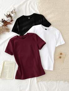 Set Of 3 Slim-Fit Long-Sleeved T-Shirts With Round Neck, 95% Cotton, Minimalist And Casual Style For Women - 多色 9 - 查看 6
