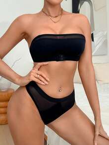 2pcs/Set Wireless Lace Patchwork Camisole Bra Set - Black - View 3