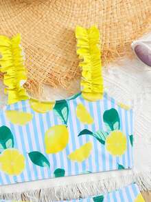 柠檬印花少女比基尼套装，时尚休闲优雅泳装，适合游泳、度假和夏季穿着 - 黃色 - 查看 5
