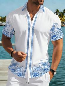 Manfinity RSRT Áo sơ mi nam tay ngắn cài cúc - Họa tiết hoa xanh trắng, thích hợp cho hoạt động ngoài trời và mặc hàng ngày, trang phục nam thoải mái. - Nhiều màu - Xem 3