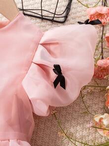 Young Girl' Summer Pink Puff Sleeve Mesh Dress With Bow, Cute Princess Tutu Dress - Pink - View 3