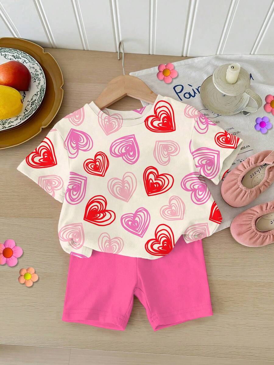 SHEIN 2pcs/Set Baby Girl Casual Cute Heart Pattern Round Neck Short Sleeve T-Shirt And Leggings Set, Suitable For Spring/Summer Daily Wear, Vacation, Y2K Style, Kids Cozy , Kids Fall Fashion, Affordable Fashion, Weekend Outfits - Multicolor - View 1