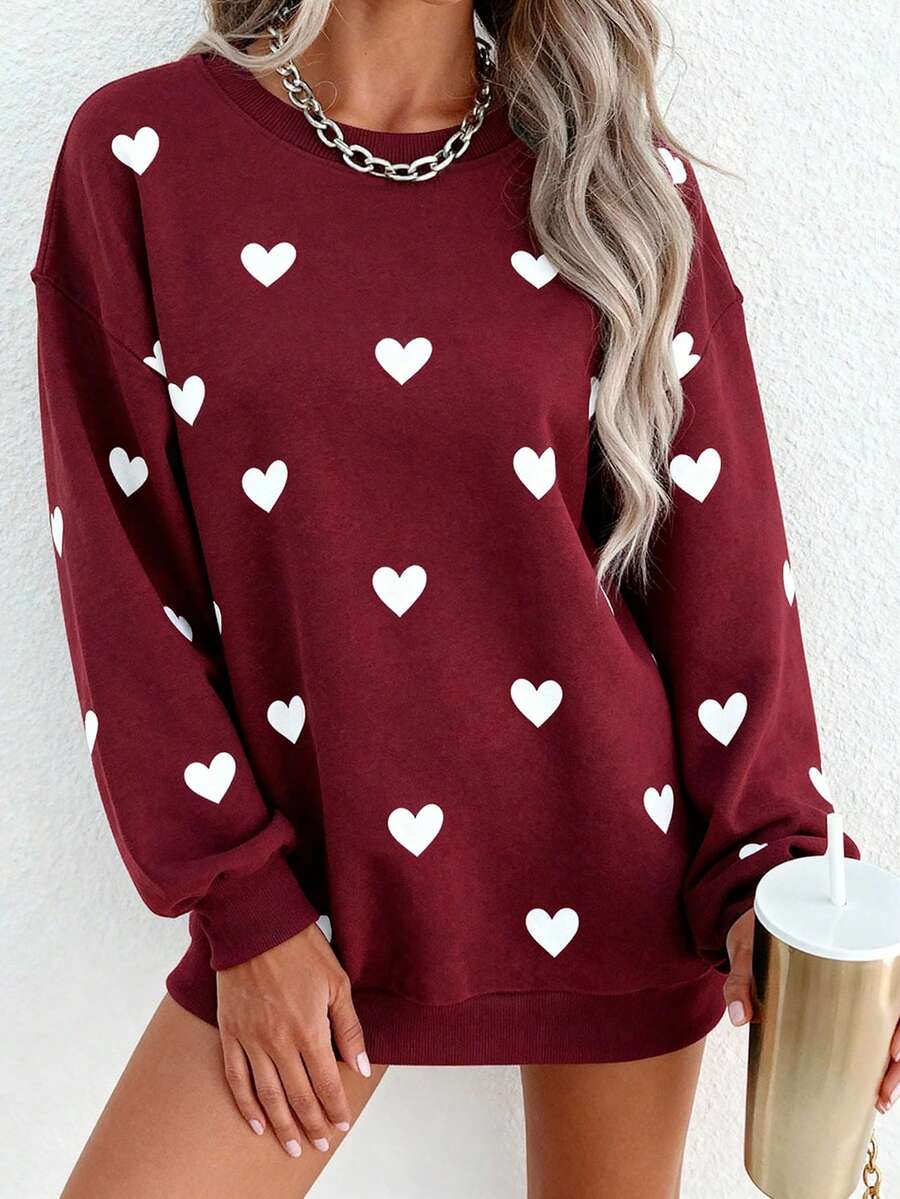 EMERY ROSE Heart Print Fashionable Minimalist Plus Size Women Crew Neck Long Sleeve Sweatshirt, Gift For Friends, Autumn/Winter - Multicolor - View 1
