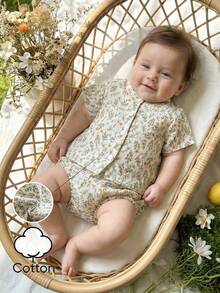 Vintaside Kids 新生儿圆领短袖时尚简约清新数码印花上衣，适合春夏穿着，搭配休闲短裤套装，居家休闲或日常户外购物皆宜。 - 杏色 - 查看 5