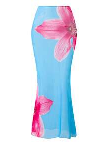 Swim Oasis Bộ đồ bơi 3 mảnh dành cho nữ: Áo bikini cổ yếm xẻ sâu in hoa và chân váy, thời trang, gợi cảm, ngọt ngào cho bãi biển/khu nghỉ dưỡng. - Màu xanh lam - Xem 4