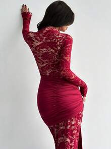 Firerie Đầm ren đỏ xuyên thấu kiểu vintage dành cho nữ, thích hợp cho tiệc Giáng sinh, Năm mới, Lễ Tạ ơn, phong cách Y2K, dự tiệc, hộp đêm. - Màu Đỏ Sâu - Xem 8