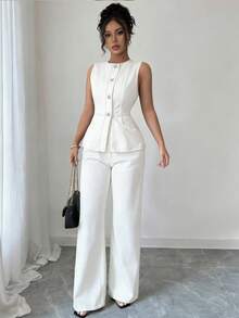 Elenzga Women's Round Neck Sleeveless Waist Cinched Front Button Denim Jumpsuit, Fashionable For Spring  Summer  Elegant - White - View 4