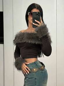 SHEIN ICON Camiseta de manga larga con hombros descubiertos, con adorno de piel sintética, de corte ajustado para mujer - Marrón - Ver 3