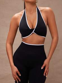 Lumalex 女士纯色拼接无袖简约上衣和长裤瑜伽撞色运动套装健身女套装女紧身裤套装健身房女装 - 黑色 - 查看 2