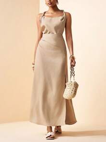 Zivah 2026 Spring New Arrival Vacation Style Music Festival Easter Western Nomadic Birthday Daily Casual Vacation Beach Wedding Street Fashion Date Twist Strap Ruched Draped Neck Flared Hem A-Line Woven Dress, French Elegant - Khaki - View 1