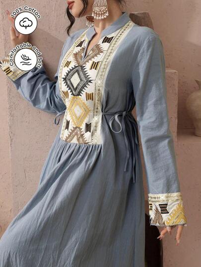 Al Najma Casual & Comfortable Retro Embroidered Patchwork Solid Color Long Sleeve Side Tie Loose Arabian Dress, Suitable For All Occasions In Spring And Autumn Boho Dress For Women