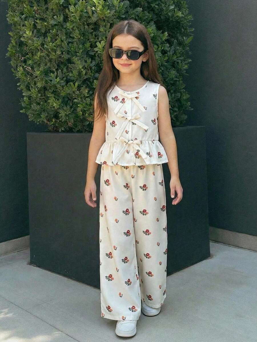SHEIN Tween Girls Woven Casual Khaki Ditsy Floral Back Button Decor Ruffle Trim Crop Top And Relaxed Straight Leg Pants 2-Piece Set, Back To School - Apricot - View 1