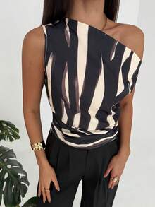 Aloruh Minimalist Commute Office Outfit Brown Brushstroke Print Asymmetric Loose Top Tight Bottom Women Shirt - Multicolor - View 5