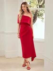 MOTF PREMIUM WOMEN'S ASYMMETRIC NECK ELEGANT STRUCTURED DESIGN DATE DRESS, SPRING/SUMMER - Red - View 6
