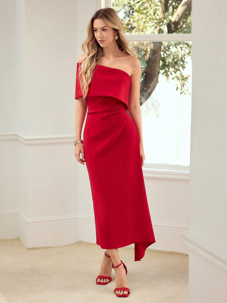 VESTIDO DE FESTA ELEGANTE COM DESIGN ESTRUTURADO E DECOTE ASSIMÉTRICO PARA MULHERES, PRIMAVERA/VERÃO