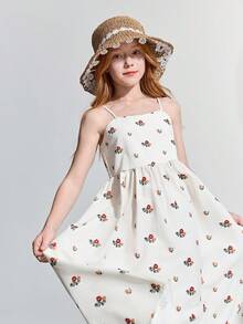 Ontre Ärmlös A-linjeformad midiklänning för tweenflicka, blommigt tryck, aprikosfärgad - Aprikos - Visa 6