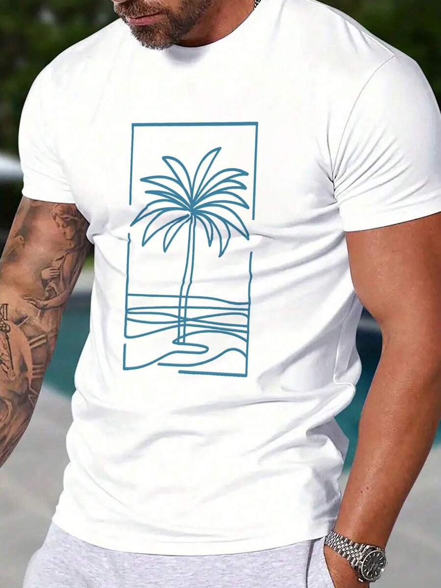 Manfinity RSRT Men's Casual Coconut Palm & Beach Graphic Round Neck Short Sleeve T-Shirt, Versatile Pullover Top - White - View 1