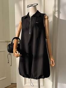 Muvela Vestido mini con cuello de cremallera, sin mangas, con cordón en el bajo, estilo callejero retro, ropa deportiva ligera y casual, para verano - Negro - Ver 3