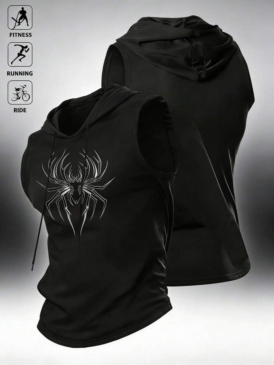 Acti Log Men's Spider Print Hooded Sports Tank Top - Black - View 1