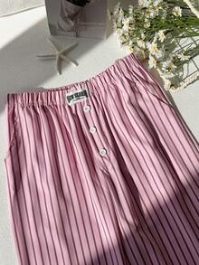 Sparklyn Tween Girls Loose Casual Chic Sports Textured Striped Wide Leg Pants, Suitable For Daily Commute, Leisure, Vacation, Gathering With Friends, Street Style, Spring/Summer - Pink - View 5