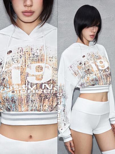 ROMWE Avant Avant-Garde Rust Effect Numeric Print Cropped Sweatshirt