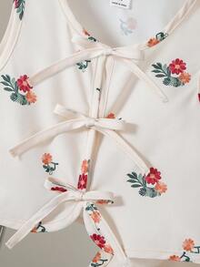 SHEIN 2pcs Young Girl Floral Print Sleeveless Top And Ankle Length Pants Set