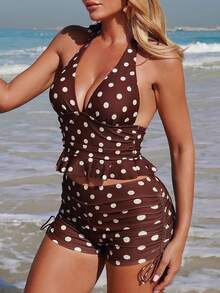 Swim Lushoire Bộ bikini 2 mảnh dành cho phụ nữ trung niên, họa tiết chấm bi, cạp chun xếp ly, dây buộc eo, hở lưng, gồm áo hai mảnh và quần bikini dây rút. - Cà phê nâu - Xem 5