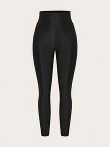 Slaydiva Leggings casuales de cintura alta de unicolor y elásticos para mujer de talla grande, adecuados para otoño/invierno - Negro - Ver 6