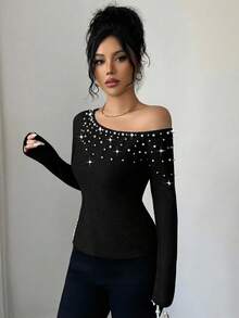 Elenzga Áo nữ tay dài lệch vai, hở vai, kiểu dáng thường ngày, trang nhã với điểm nhấn ngọc trai, thích hợp cho các bữa tiệc sang trọng, mùa thu, đông, xuân. - màu đen - Xem 7