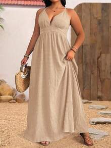 SHEIN LUNE 大码女式深V领交叉露背纹理腰带沙滩度假连衣裙 - 杏色 - 查看 6