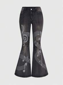 ROMWE Grunge Punk Women's Pocketed Button Distressed Music Note & Treble Clef Print Casual Versatile Daily Wear Flared Jeans - Black - View 1