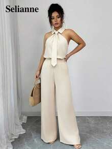 Selianne Apricot Cinched Waist Wide Leg Jumpsuit - Apricot - View 7