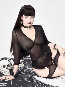ROMWE Goth 女士哥特式网纱V领无袖连体裤套装 - 黑色 - 查看 2