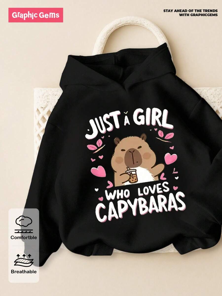 SHEIN GraphicGems 1pc Tween Girl Capybara Graphic Sweatshirt With "Just A Girl Who Loves Capybara" And Heart Design, Casual Sports Wear, Pullover Sweatshirt, Capybara Themed, Autumn/Winter - Black - View 1