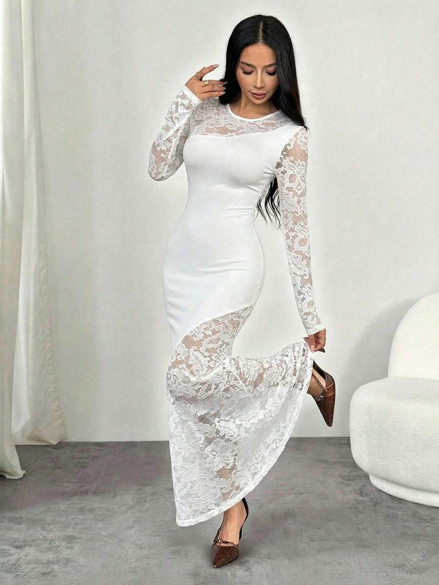 SHEIN PETITE 优雅性感派对暗黑风黑色蕾丝拼接不对称领口收腰鱼尾长裙，秋冬款 - 白色 - 查看 1
