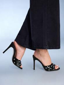 CUCCOO GRLICON 女士金属铆钉尖头细高跟凉鞋，性感朋克风时尚踝带露趾鞋 - 黑色 - 查看 3