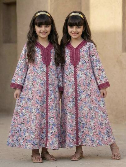 SHEIN 少女蕾丝拼接印花V领休闲连衣裙