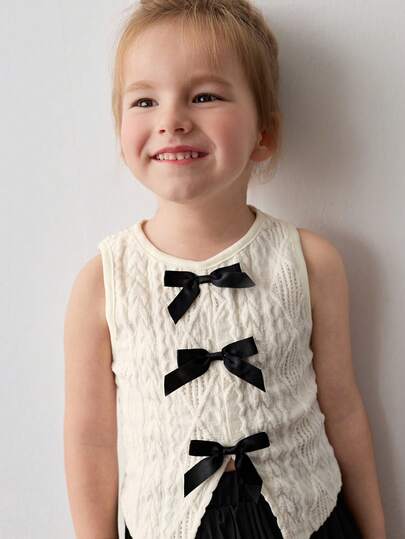 Maija Kids Young Girl Apricot Jacquard Knit Vest With Black Bow Decor, Round Neck