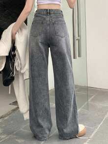 DAZY Quần jeans nữ cạp cao, có túi, dáng rộng, ống rộng, thoải mái. - Xám - Xem 2