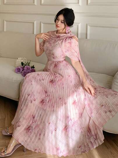 Women's Elegant Floral Pleated Long Dress, Summer Wedding Guest Dress Maxi Dress Sundress