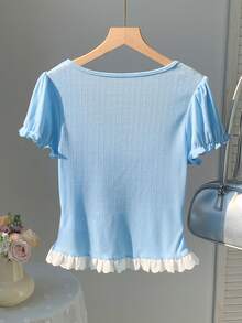 Comfortcana Women's Contrast Color Bow Decor Short Puff Sleeve Fashionable T-Shirt - Blue - View 2