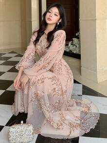 DAZY 女士优雅亮片V领系带中长连衣裙，春夏婚礼宾客礼服闪亮长裙 - 粉色 - 查看 1