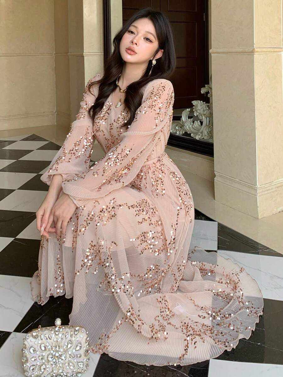 DAZY 女士优雅亮片V领系带中长连衣裙，春夏婚礼宾客礼服闪亮长裙 - 粉色 - 查看 1