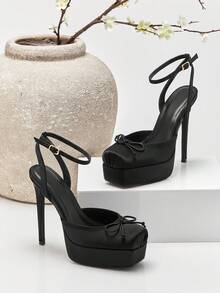 SHUZIA 新款时尚女士黑色缎面芭蕾舞鞋，厚底踝带高跟，方头设计，性感假日春夏情人节鞋 - 黑色 - 查看 5