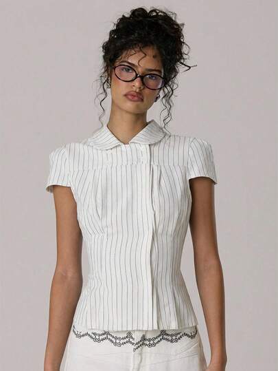 MUSERA Puff Sleeve Cinched Waist Stripe Shirt Top Spring Summer Cute Cosy Cottage Core Spring Dew