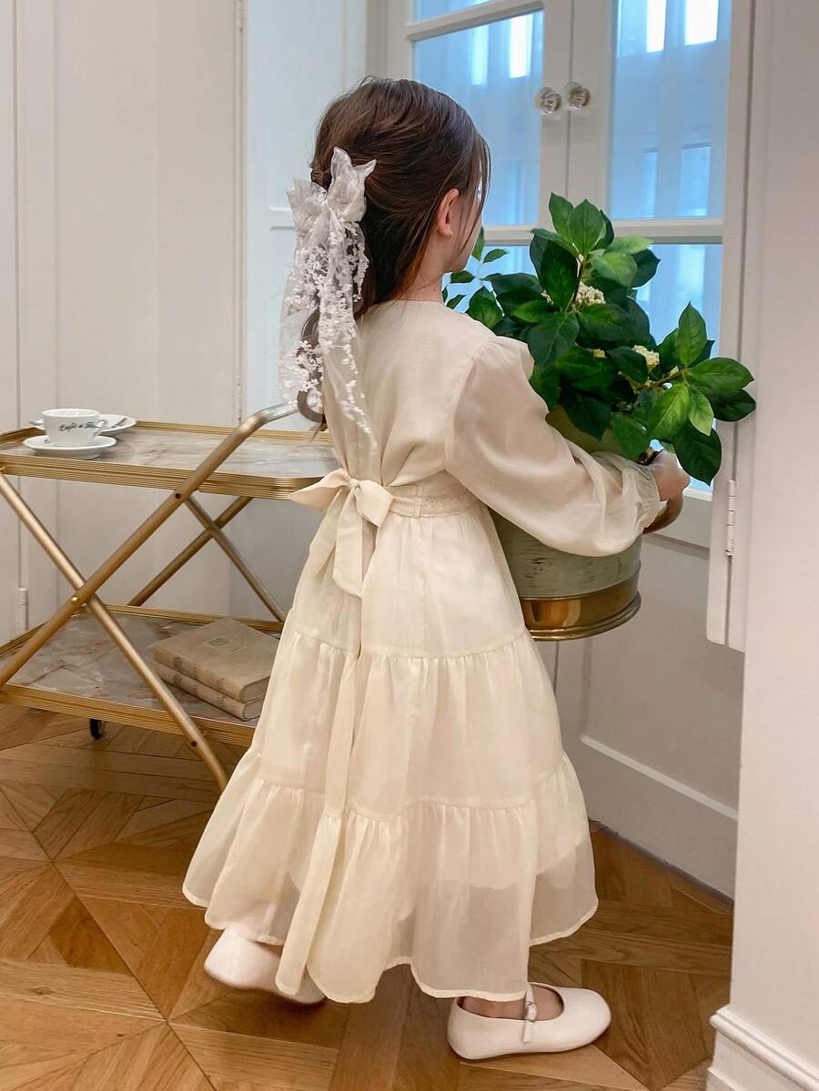 DAZY 女童春夏蕾丝拼接蝴蝶结装饰韩版长袖连衣裙 - 杏色 - 查看 1