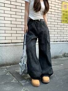 DAZY Women's Washed Silhouette Korean Style Wide Leg Casual Washed Denim Jeans - Grey - View 2