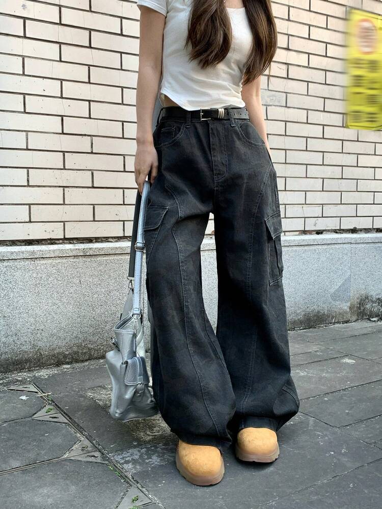 Women's Washed Silhouette Korean Style Wide Leg Casual Washed Denim Jeans