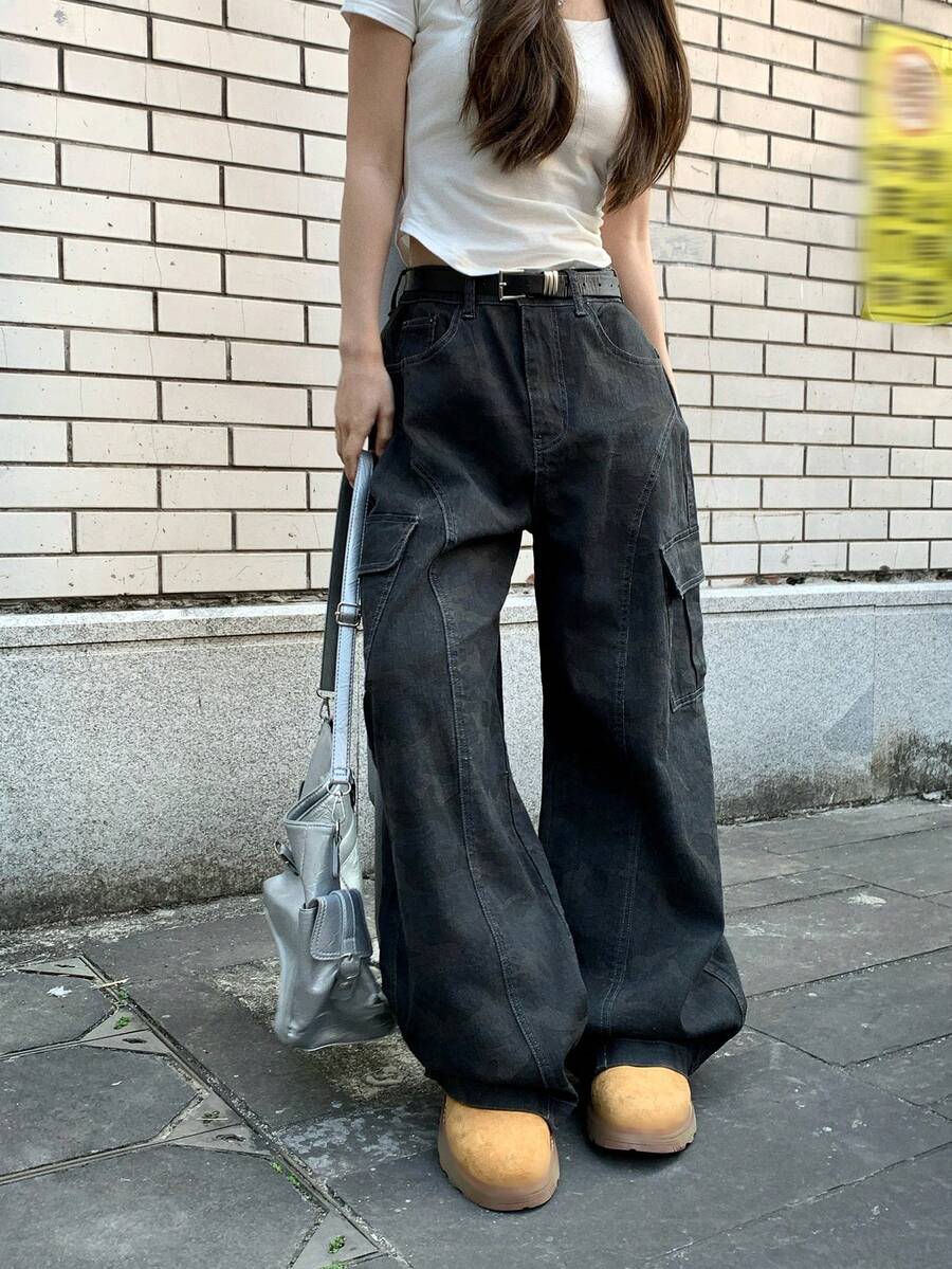 DAZY Women's Washed Silhouette Korean Style Wide Leg Casual Washed Denim Jeans - Grey - View 1